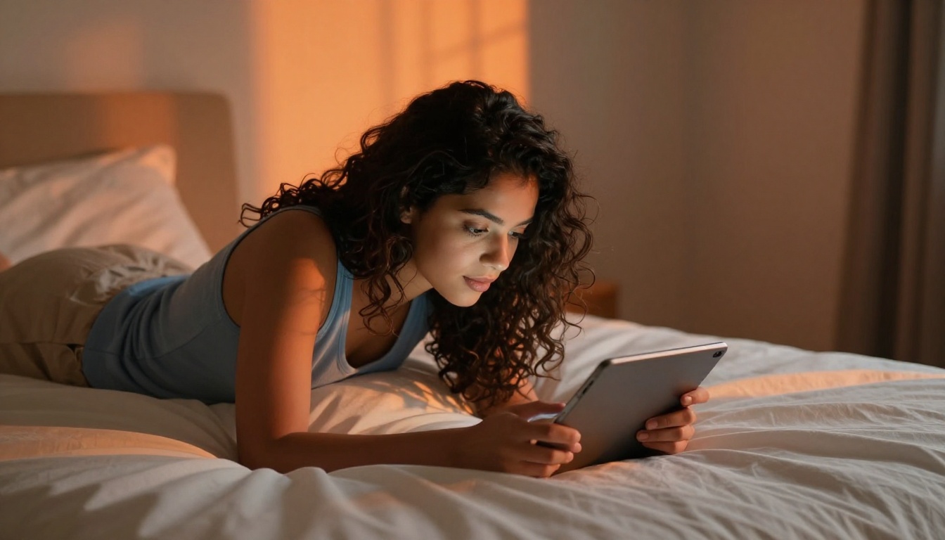 Woman lying on bed scrolling through tablet in warm sunset light