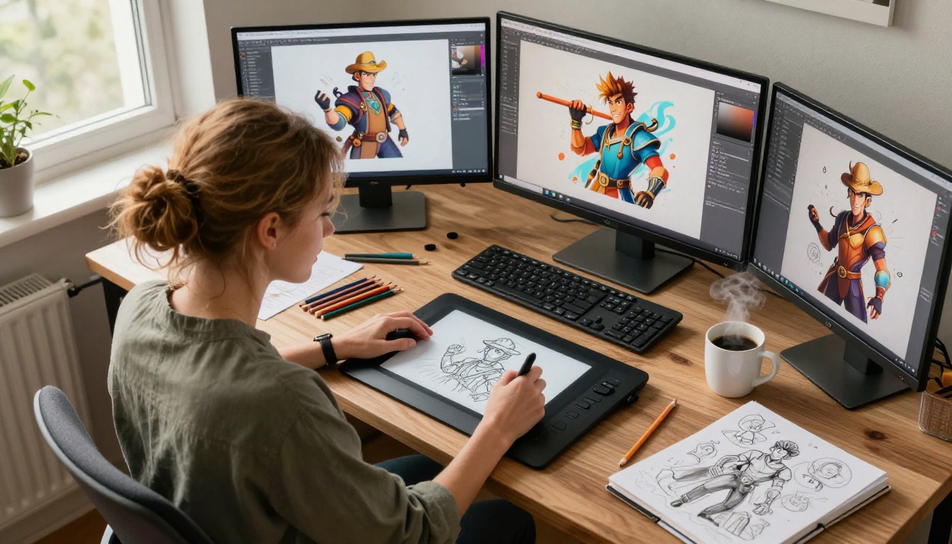 Overhead shot of a graphic designer using a drawing tablet to create AI waifu character art, workspace flatlay
