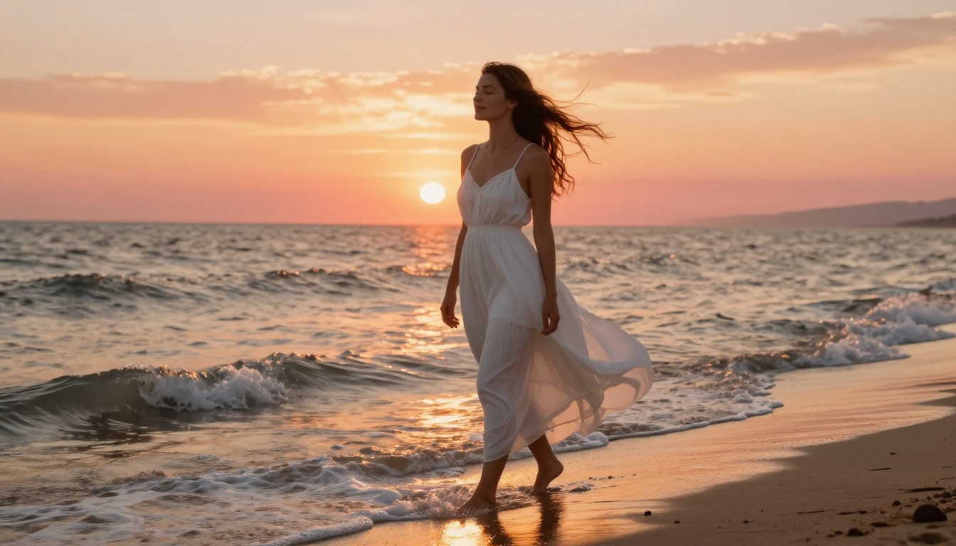 Beautiful woman at beach sunset, white sundress flowing in breeze, golden hour light, ocean waves at her feet
