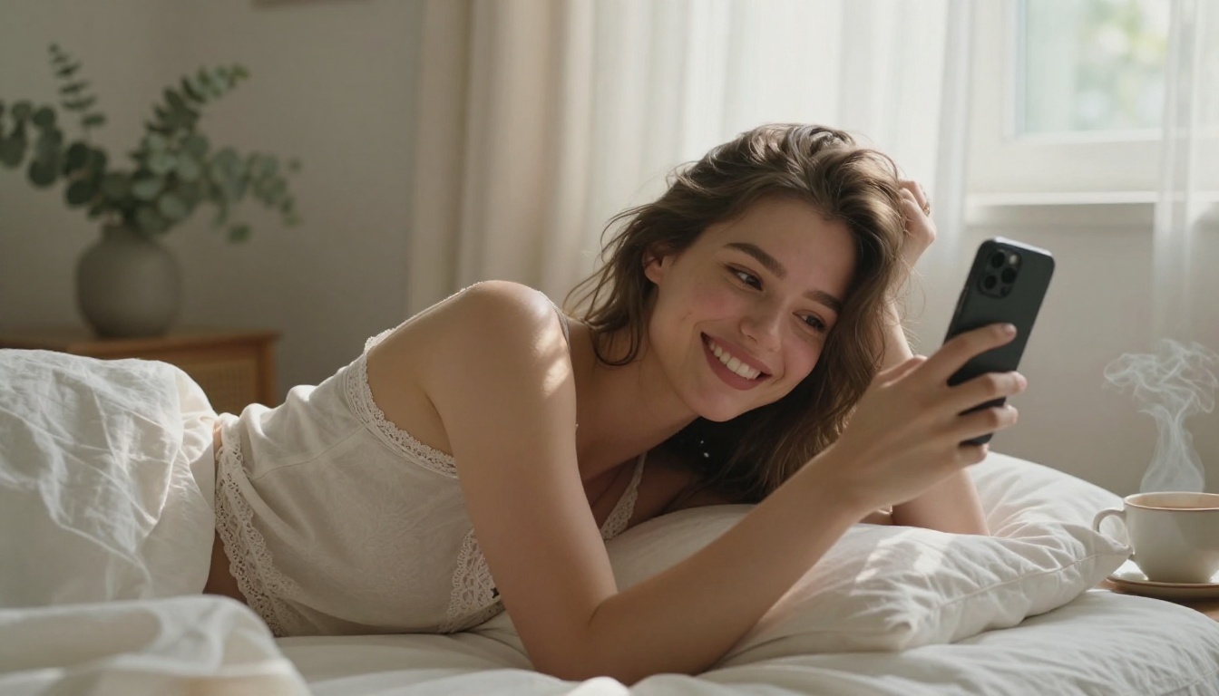 Woman laughing at phone in morning light on linen bed Woman laughing at phone in morning light on linen bed