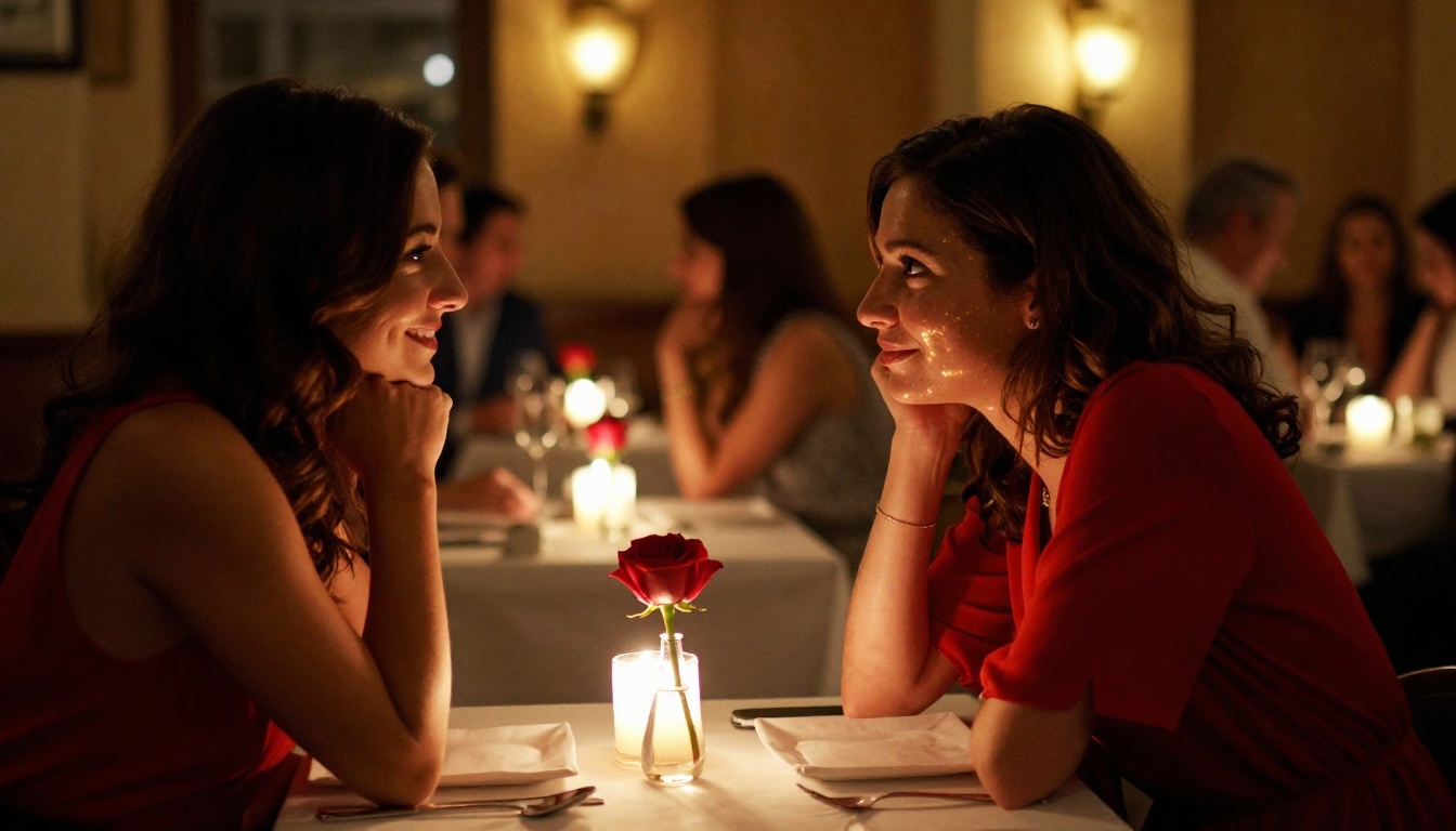 Candlelit restaurant dinner, woman in red dress leaning forward with engagement Candlelit restaurant dinner, woman in red dress leaning forward with engagement