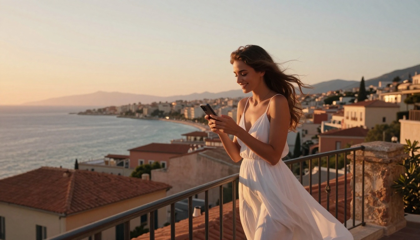Woman on Mediterranean coastal balcony at golden sunset, flowing white dress Woman on Mediterranean coastal balcony at golden sunset, flowing white dress