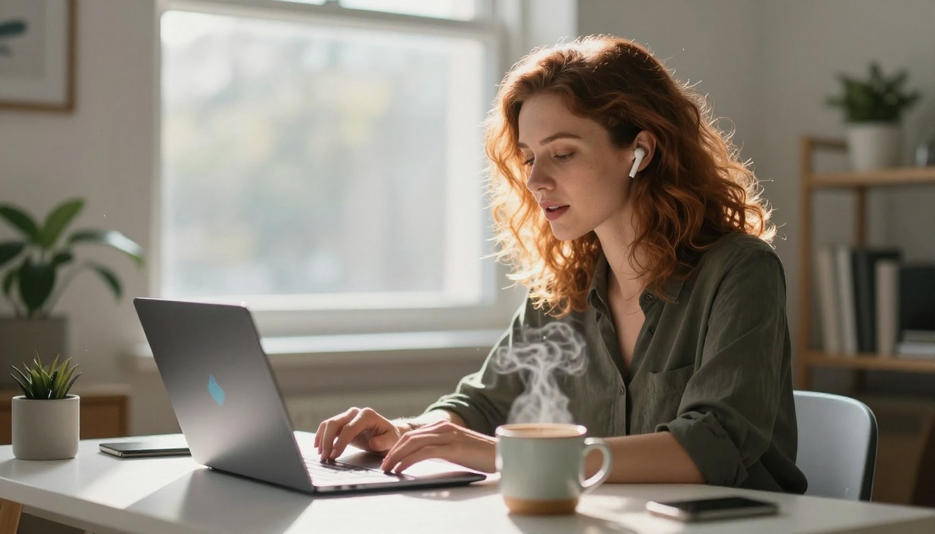 Woman speaking to AI voice assistant at desk