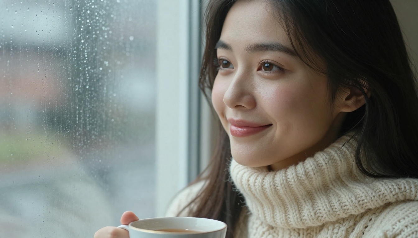 Close-up portrait of woman with secretive smile in cozy cream knit sweater, rainy window Close-up portrait of woman with secretive smile in cozy cream knit sweater, rainy window