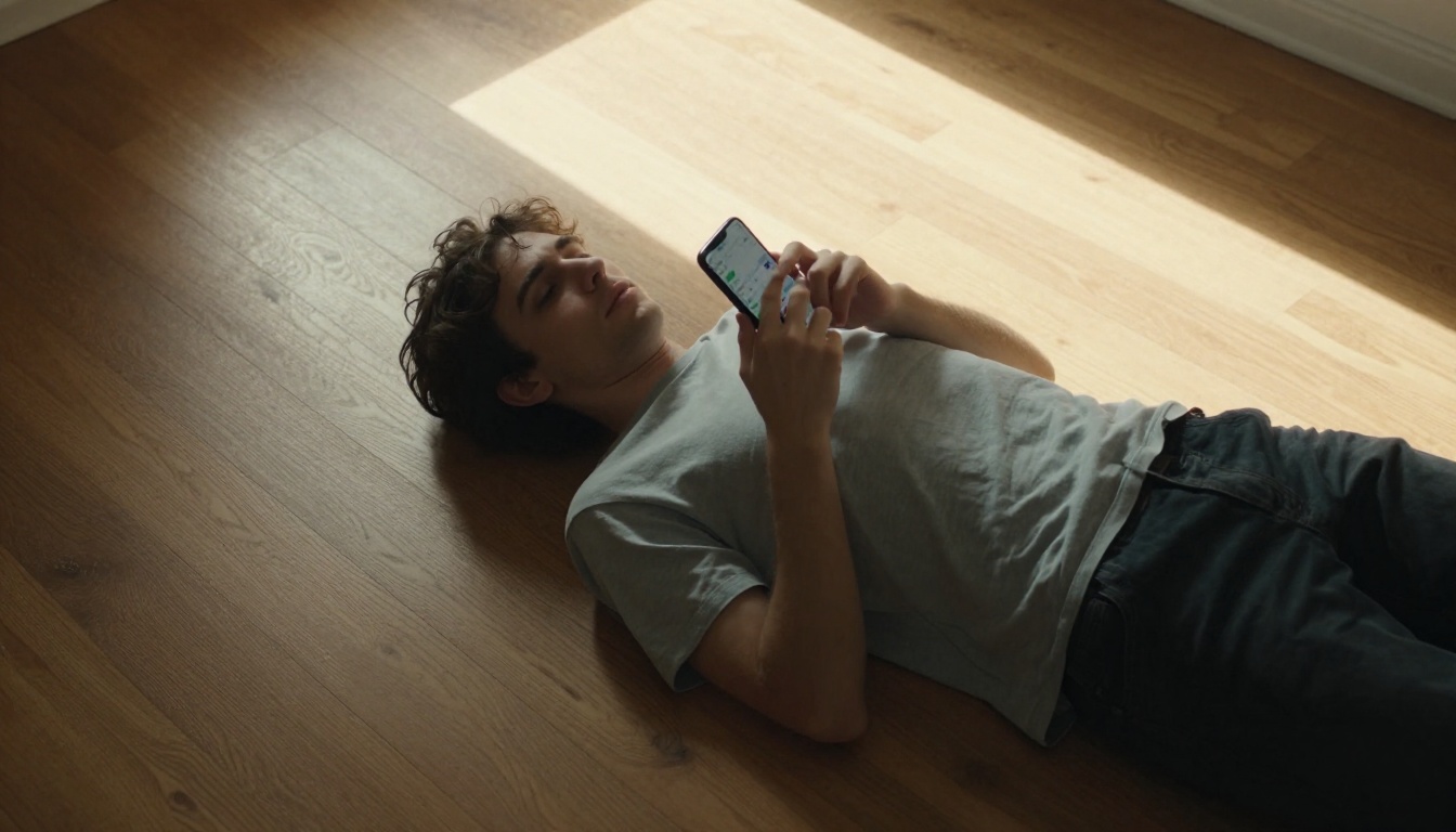 Man lying on floor chatting with AI on phone
