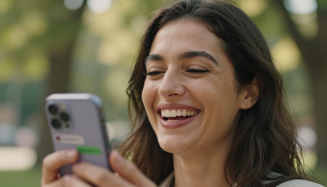 Woman laughing while talking to AI on phone outdoors