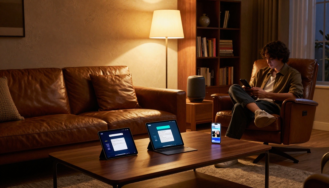 Multiple AI devices in living room at dusk