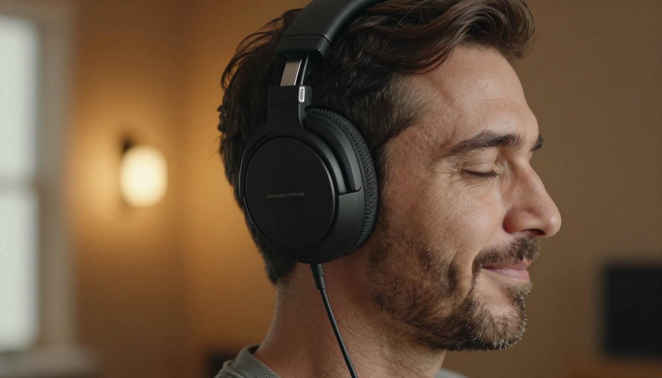 Man listening to AI voice through headphones