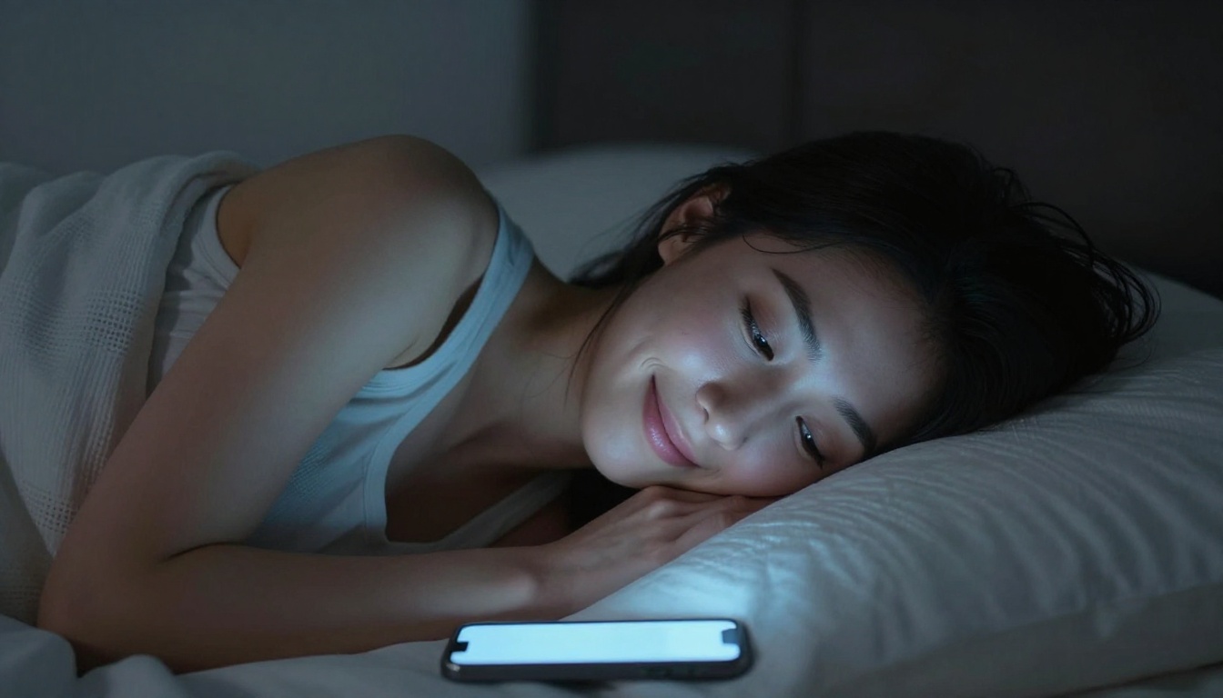 Woman lying in bed at night with phone glowing softly