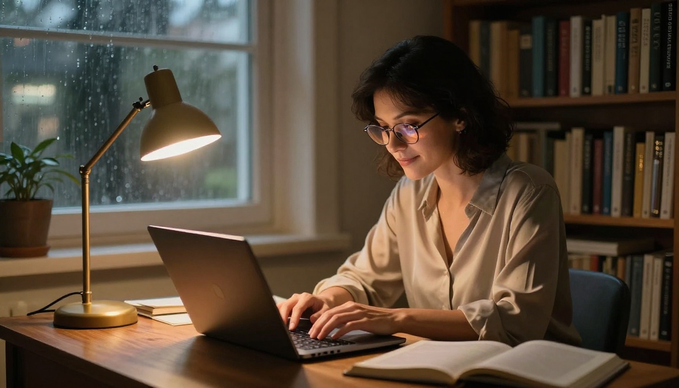 Woman writing at wooden desk in cozy home library, warm desk lamp at night Woman writing at wooden desk in cozy home library, warm desk lamp at night