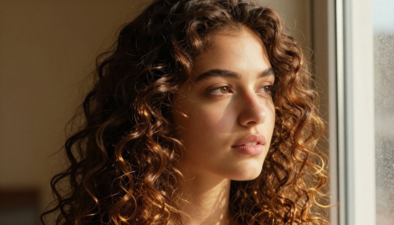 Beautiful woman with defined natural curls, close-up portrait in warm golden light