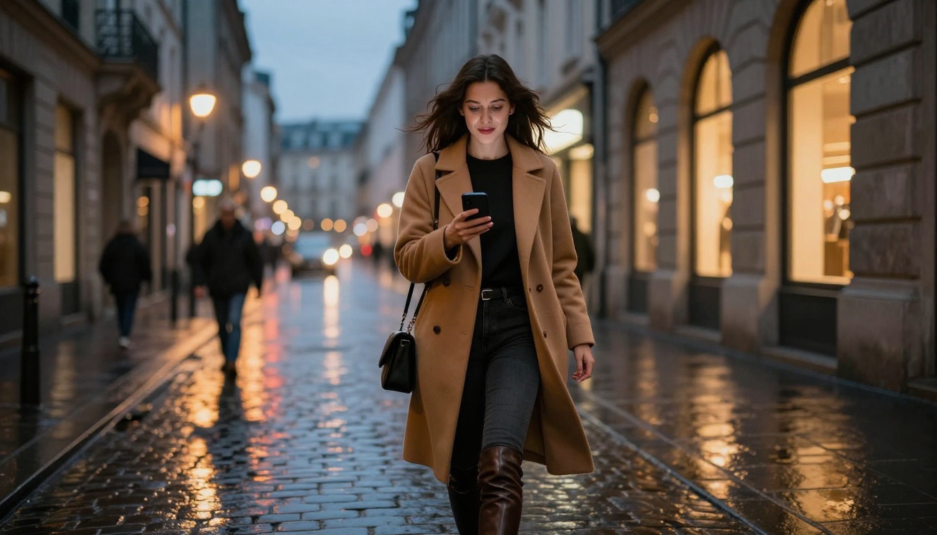 Woman in tailored camel coat on European city street at dusk, phone in hand Woman in tailored camel coat on European city street at dusk, phone in hand