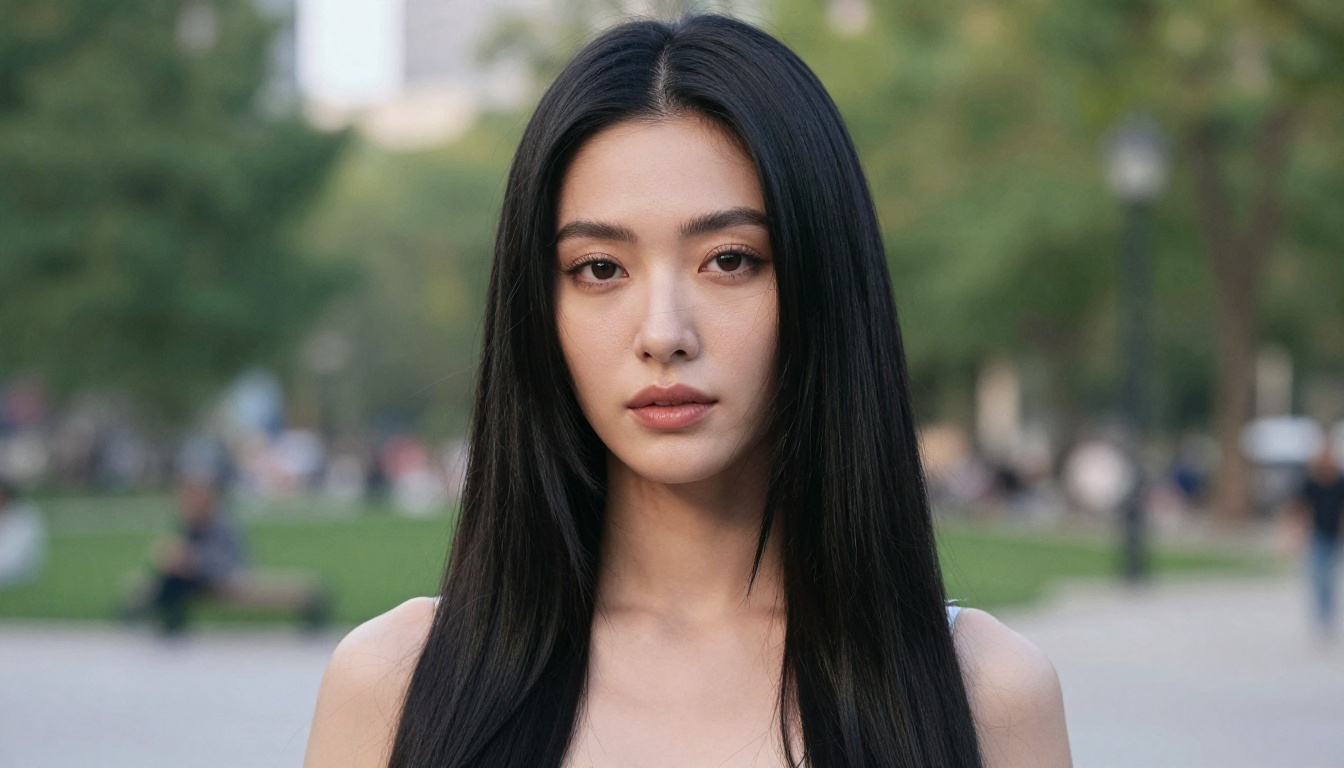 Beautiful woman with long straight raven-black hair outdoors, soft overcast light, urban park background
