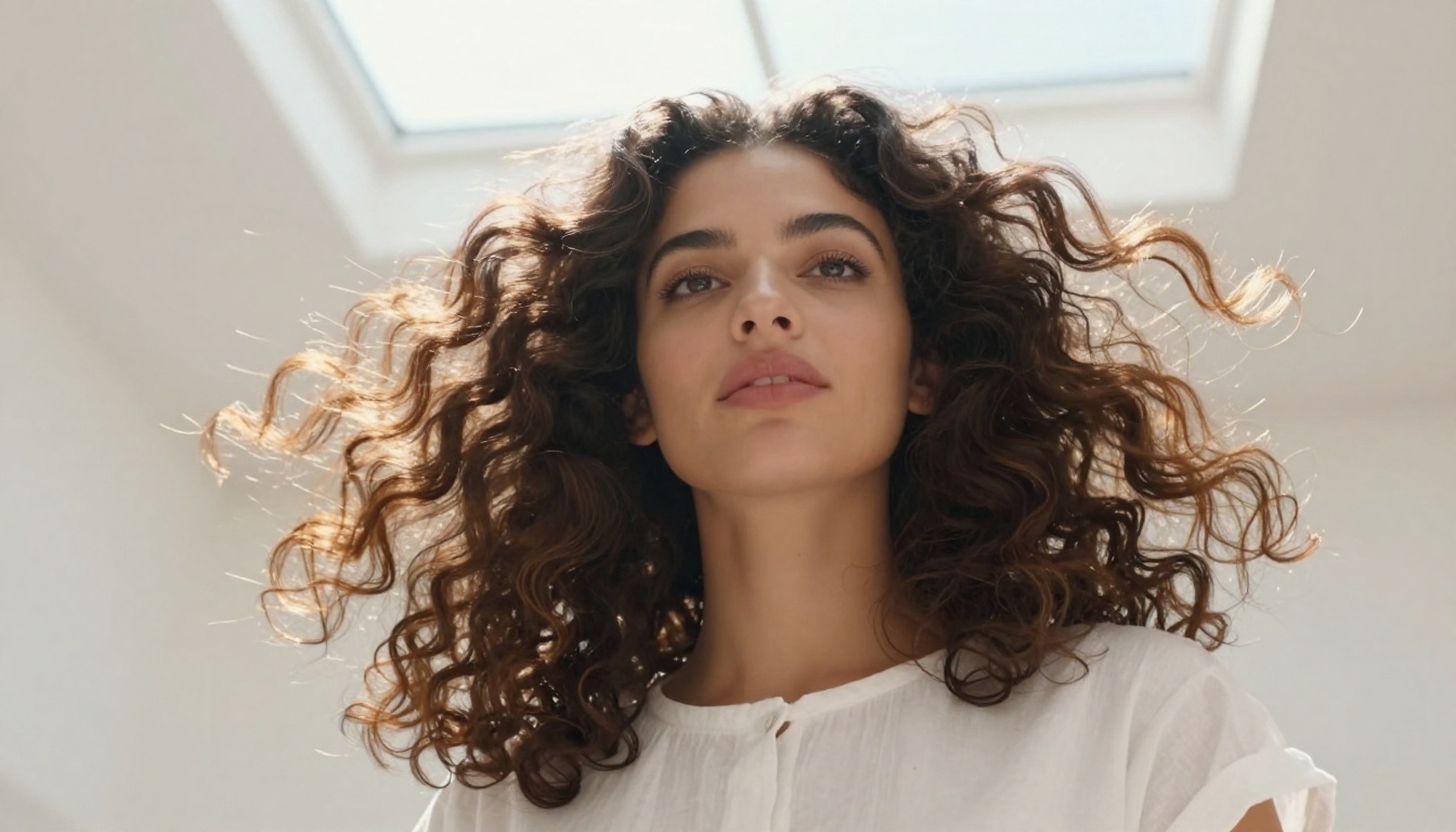 Low-angle portrait of woman with voluminous loose curls, bright natural skylight creating golden halo effect