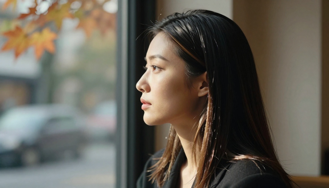 Side profile of elegant woman with sleek straight hair at cafe window, natural diffused daylight