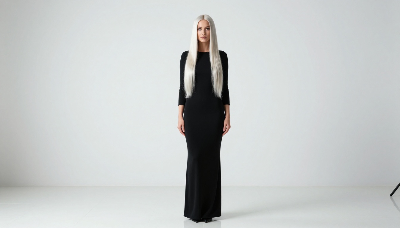 Full-length editorial portrait of woman with straight platinum blonde hair against minimalist white studio wall