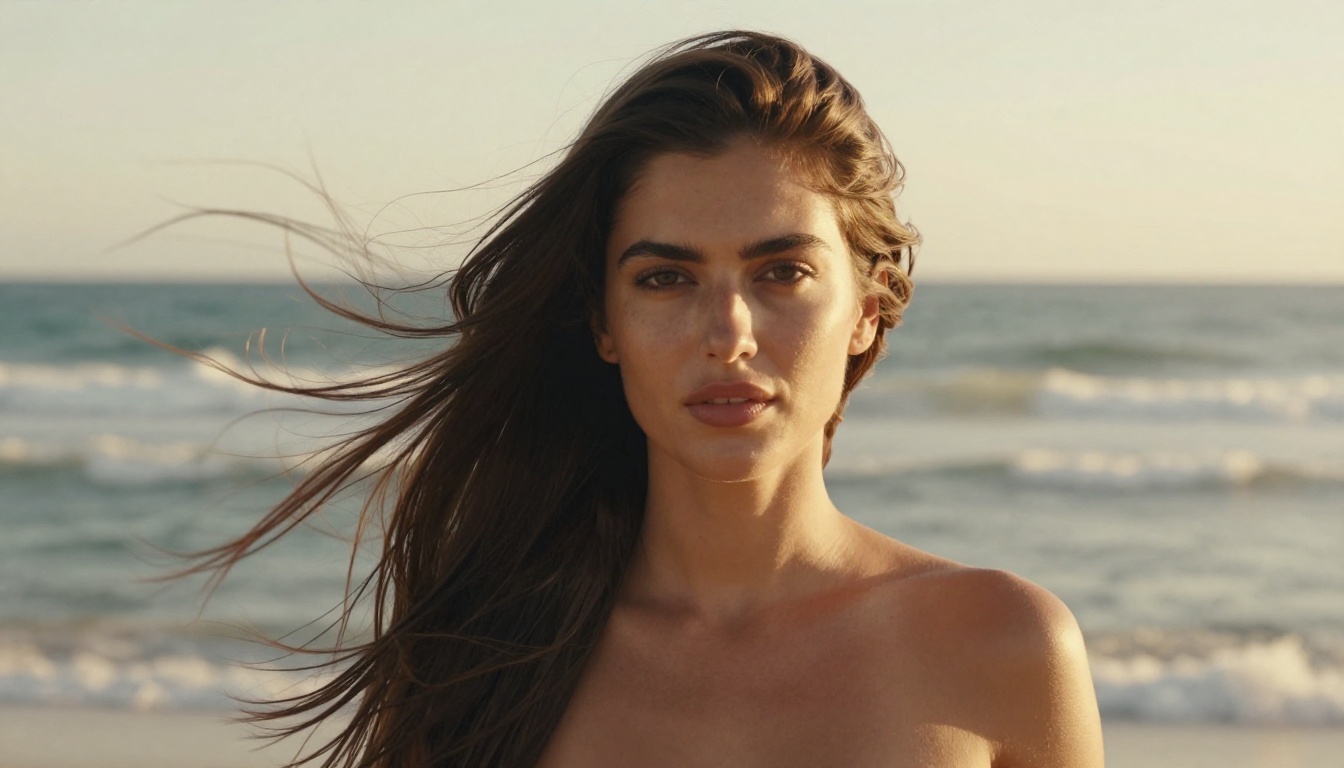 Woman with straight dark brown hair dramatically windswept on beach at golden hour