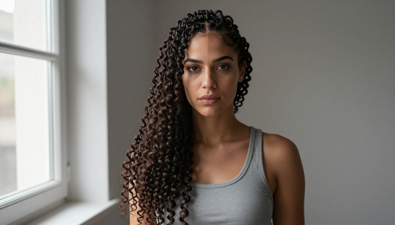 Artistic split portrait showing tight curly coils on the left, silky straight locks on the right, Rembrandt window lighting