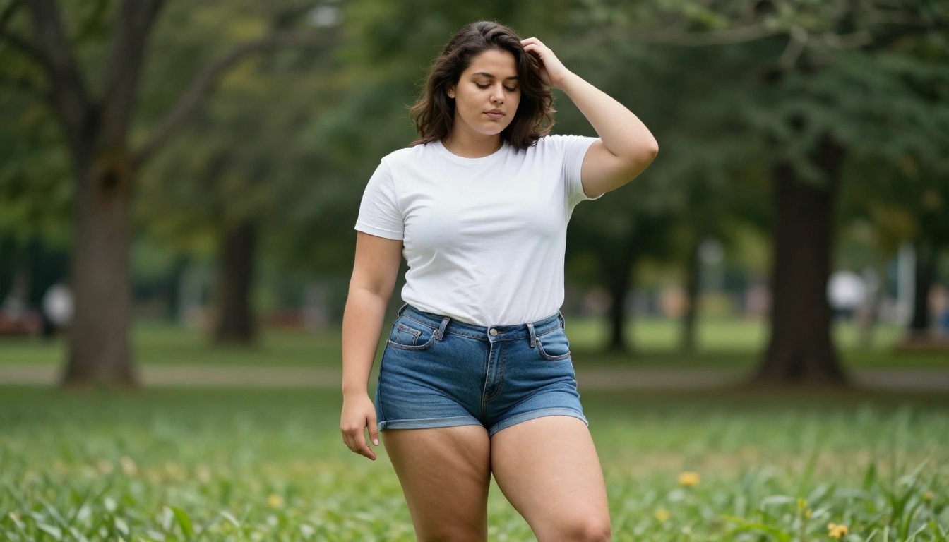 Full body candid photograph of a young woman in a public park with natural posture and realistic body proportions