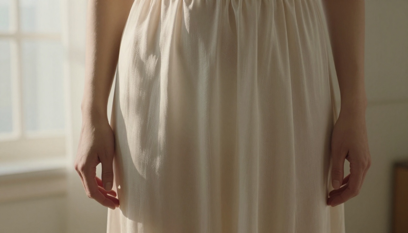 Close-up of silk fabric draped naturally over a woman's waist and hips showing authentic gravity folds and tension lines