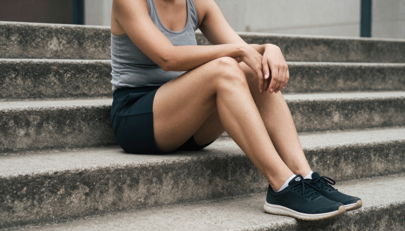 Woman sitting naturally on concrete steps outdoors with authentic relaxed posture showing natural body compression and anatomy