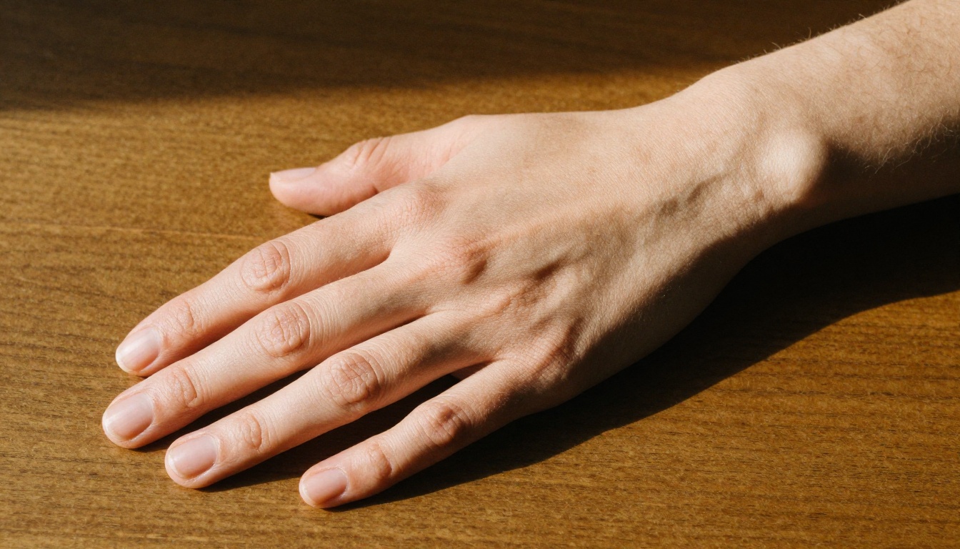 Close-up of woman's hands and forearms with visible skin texture and knuckle detail, photographed overhead with natural window light
