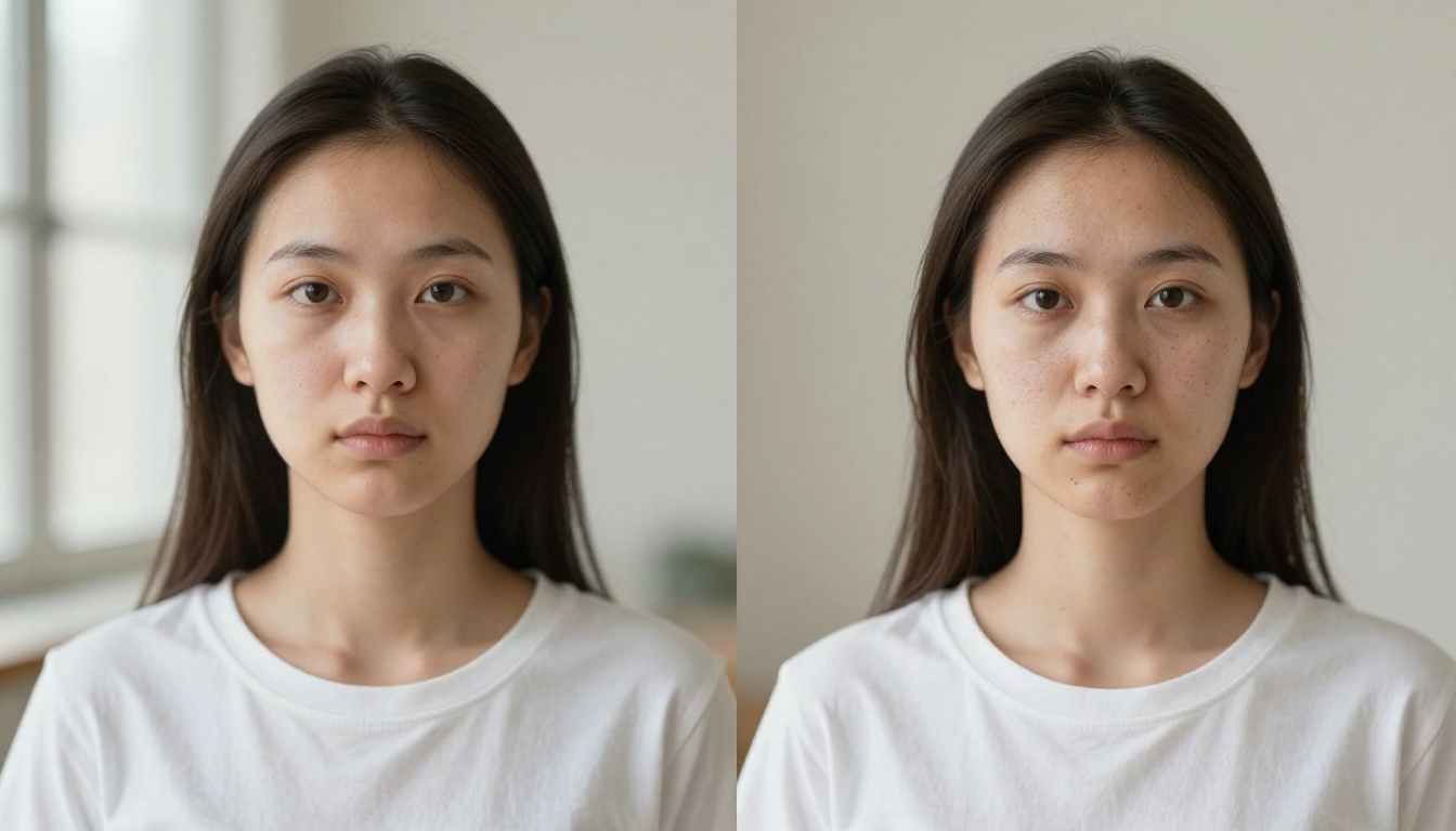 Side-by-side comparison of AI-generated portrait with plastic-looking skin versus hyper-detailed photorealistic result showing the impact of prompt specificity