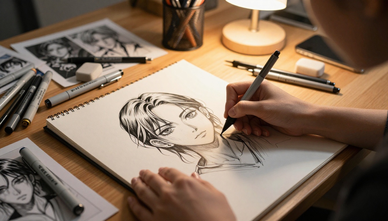 Manga artist hands drawing detailed anime character line work