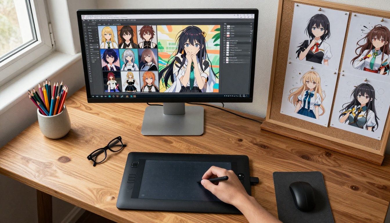 Overhead aerial shot of professional creative workstation showing anime AI outputs on monitor