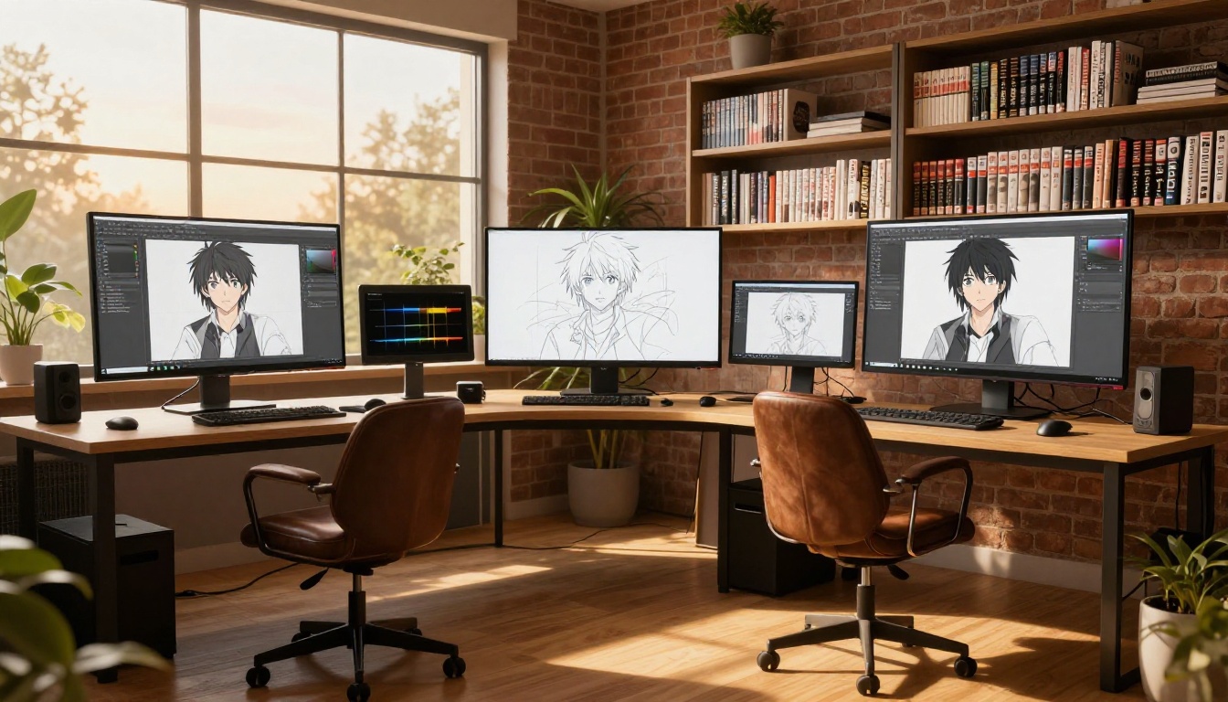 Professional digital art studio at golden hour showing anime development on monitors