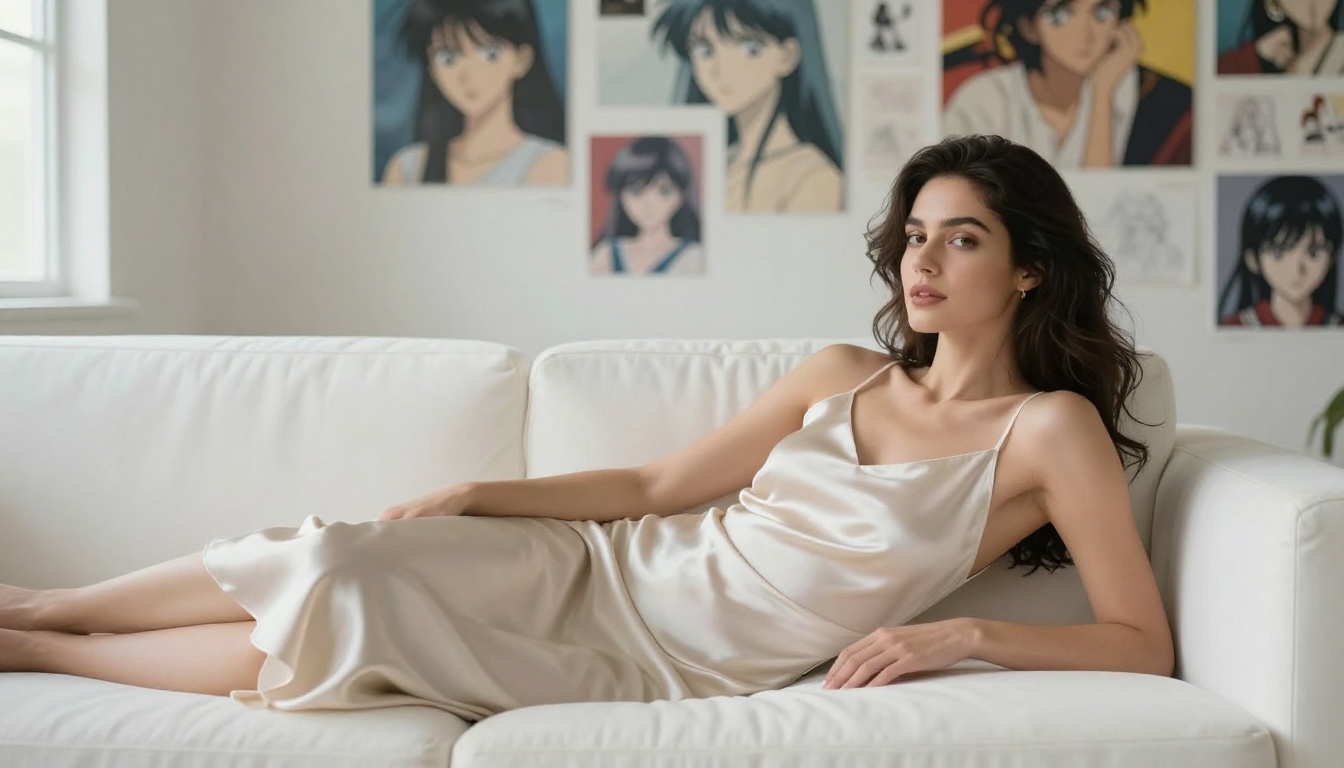 Attractive woman in silk dress reclining in studio with anime artwork gallery wall
