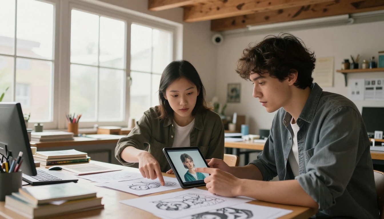 Two creators side by side comparing hand-drawn sketch to AI-generated anime character