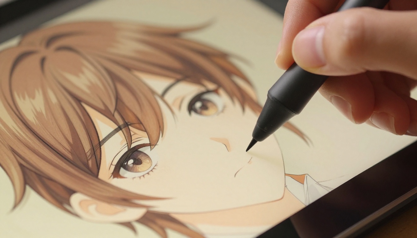 Extreme close-up of drawing tablet stylus tip creating anime character detail