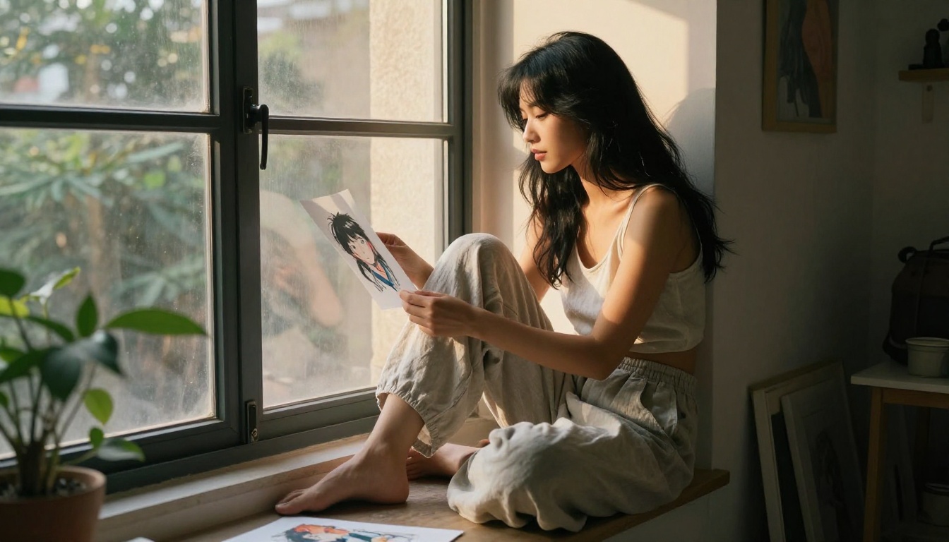 Woman with long black hair studying anime illustration in warm window light