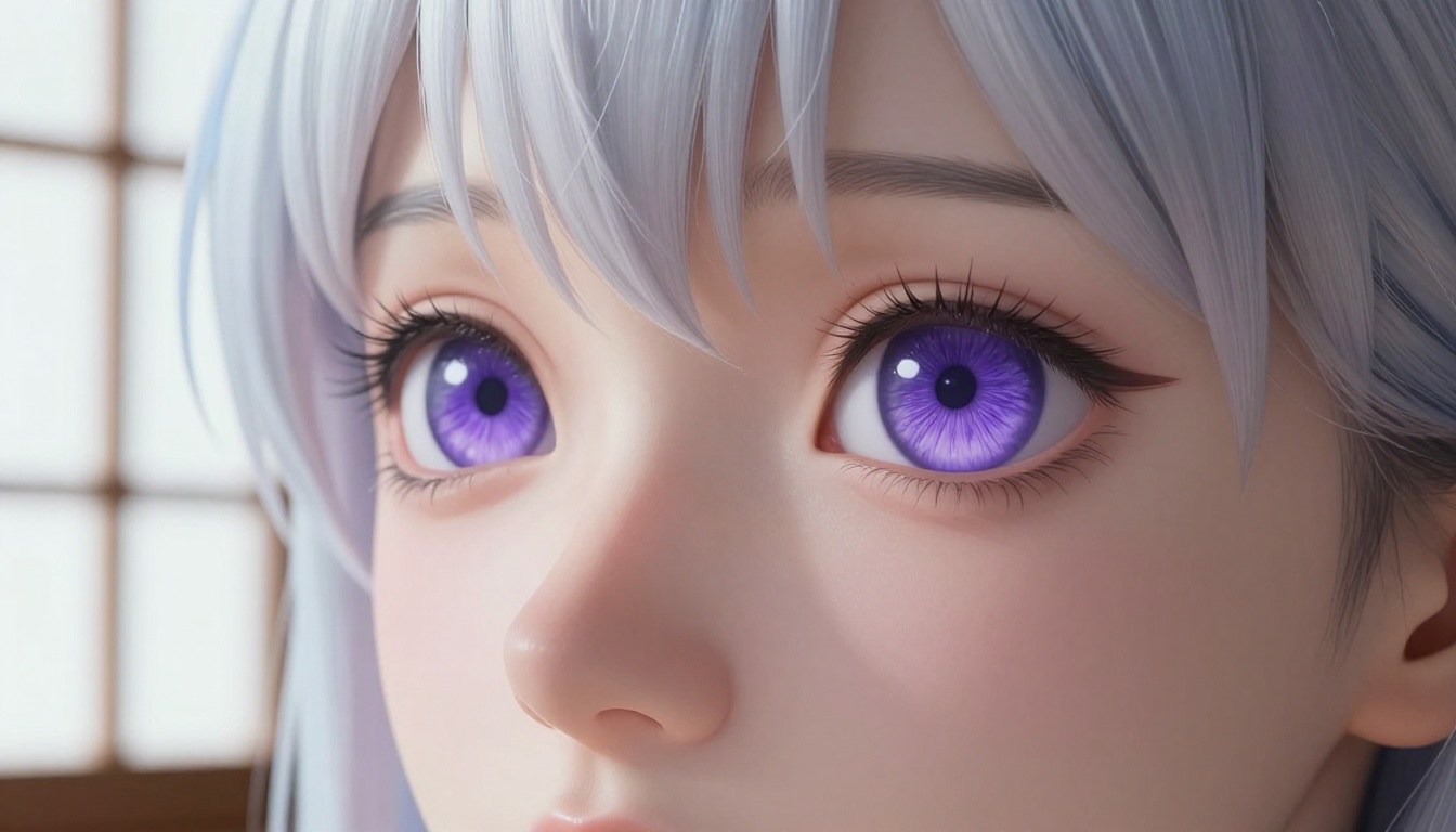 Close-up photorealistic anime-inspired portrait with detailed expressive eyes and violet iris