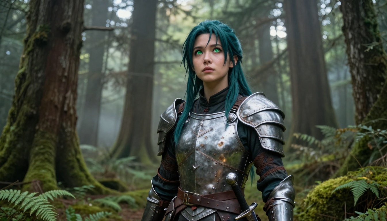 Photorealistic anime-inspired young woman in fantasy warrior leather armor in ancient mossy forest at dawn