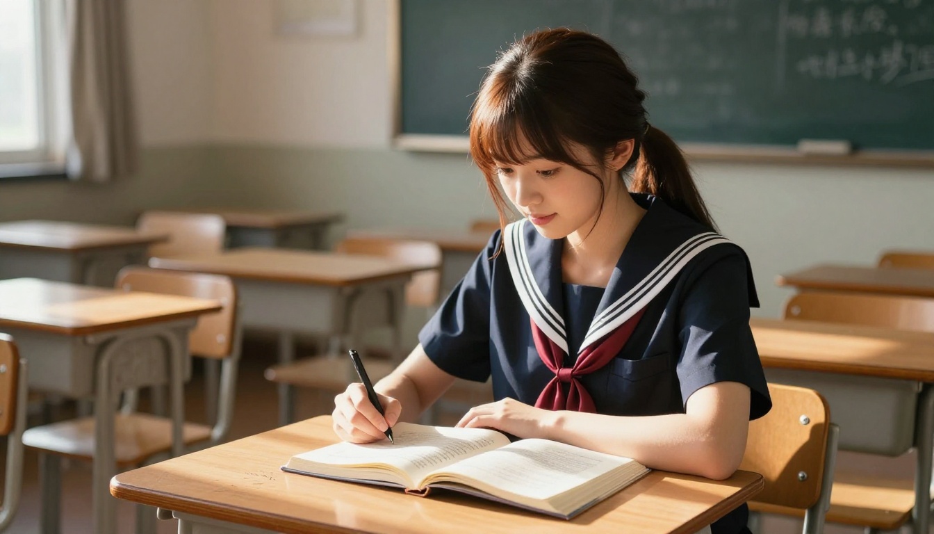 Photorealistic anime-inspired young woman in navy school uniform at wooden desk with warm afternoon sunlight