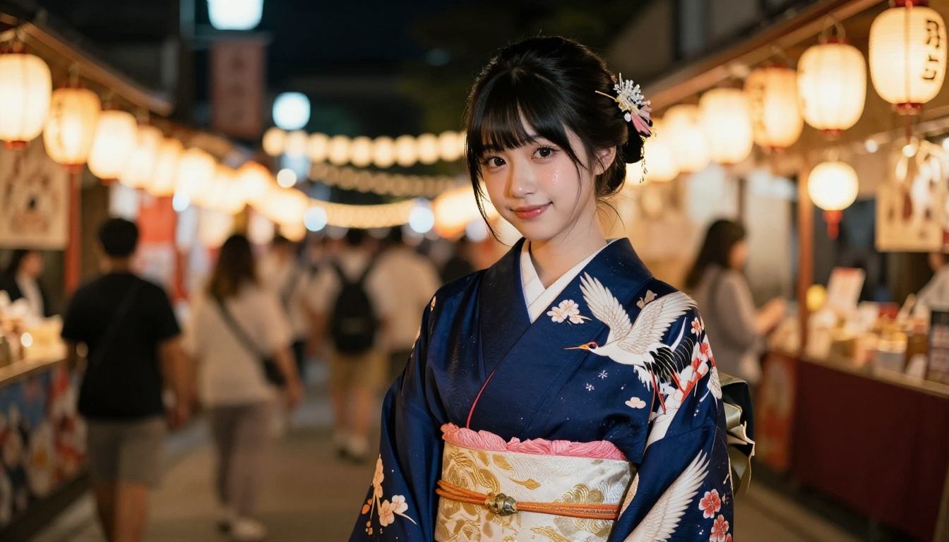 Anime-inspired young woman in traditional Japanese midnight blue kimono at matsuri festival with paper lantern bokeh