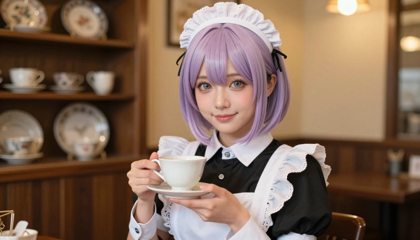 Photorealistic anime-inspired young woman in black maid cafe outfit with lavender hair holding ceramic teacup