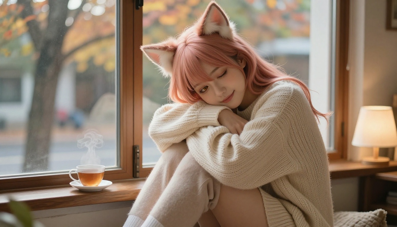 Anime-inspired young woman with rose gold cat ears in cozy cream knit sweater by autumn window