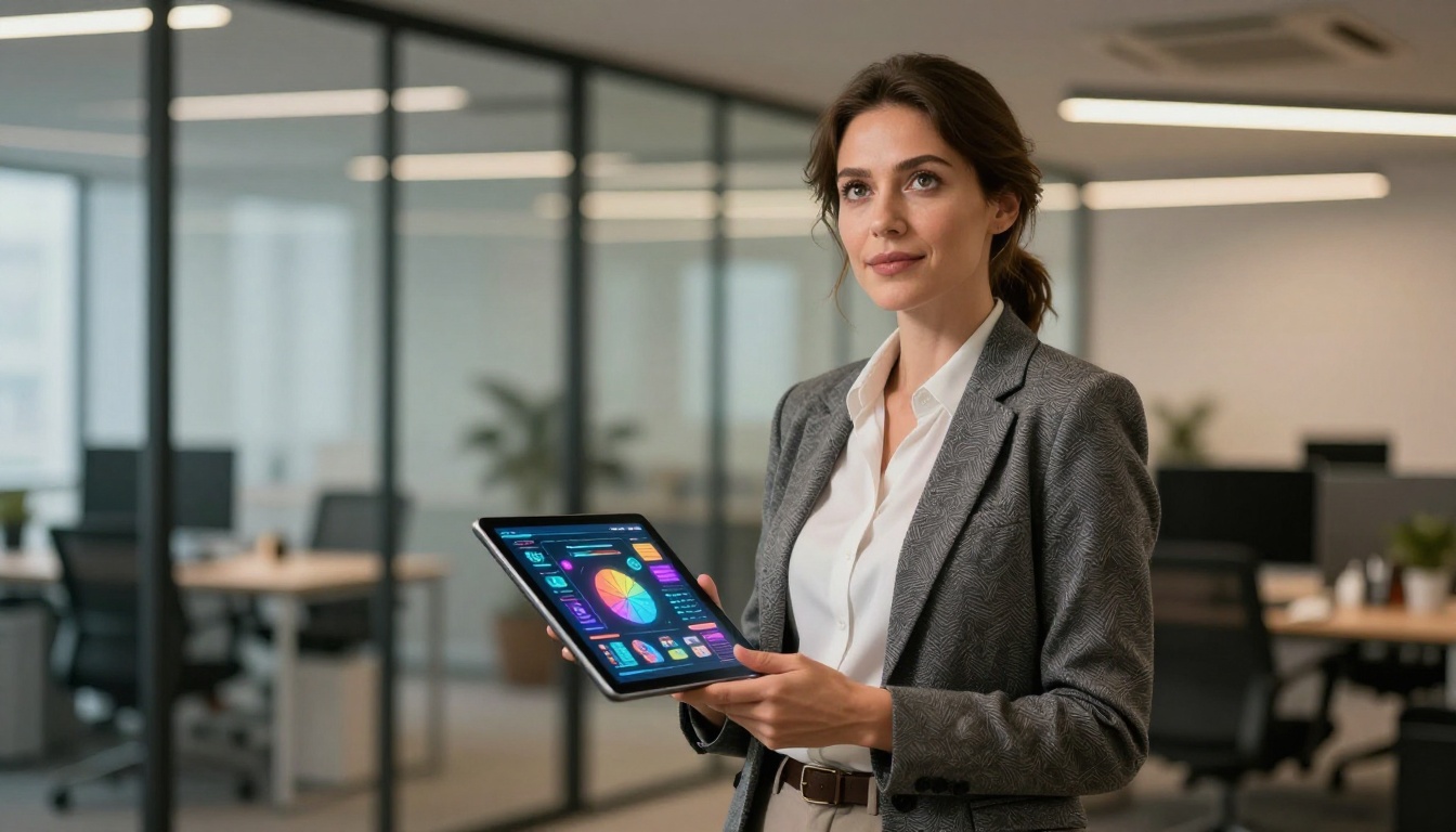 Confident woman in tech office holding AI interface tablet Confident woman in tech office holding AI interface tablet