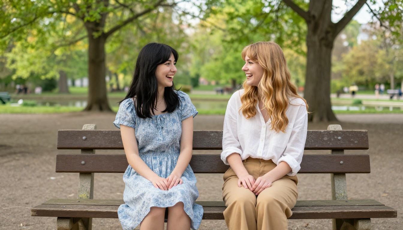 Two anime-inspired young women best friends laughing together on a park bench in spring afternoon light