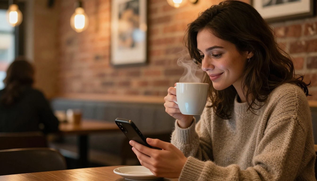 Woman in coffee shop reading smartphone with warm smile Woman in coffee shop reading smartphone with warm smile