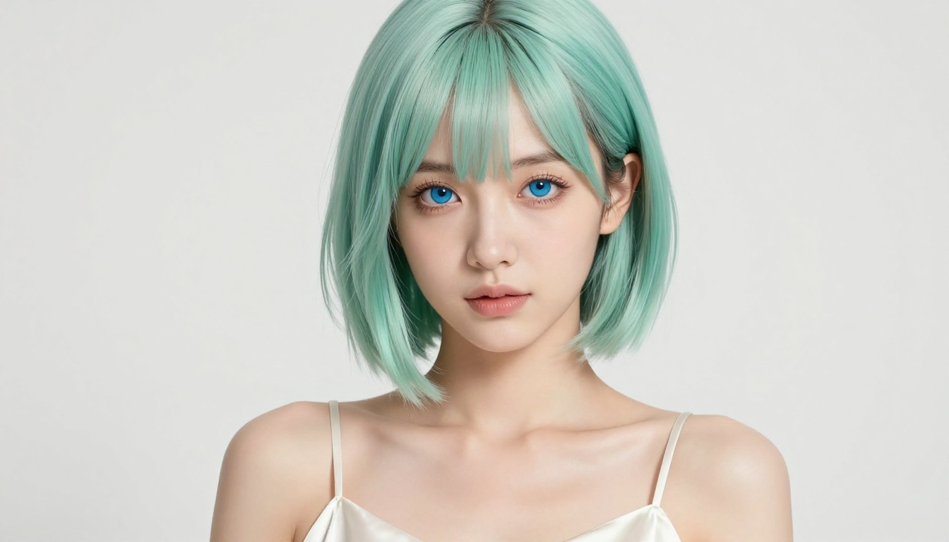Photorealistic anime-inspired beauty portrait with pastel mint green hair in clean studio lighting with direct confident gaze