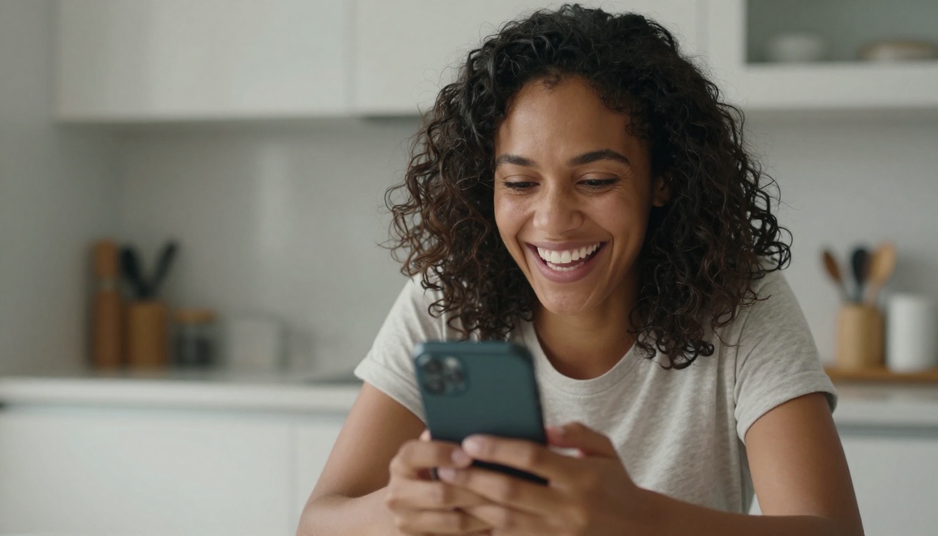 Radiant woman laughing at smartphone in sunny kitchen Radiant woman laughing at smartphone in sunny kitchen