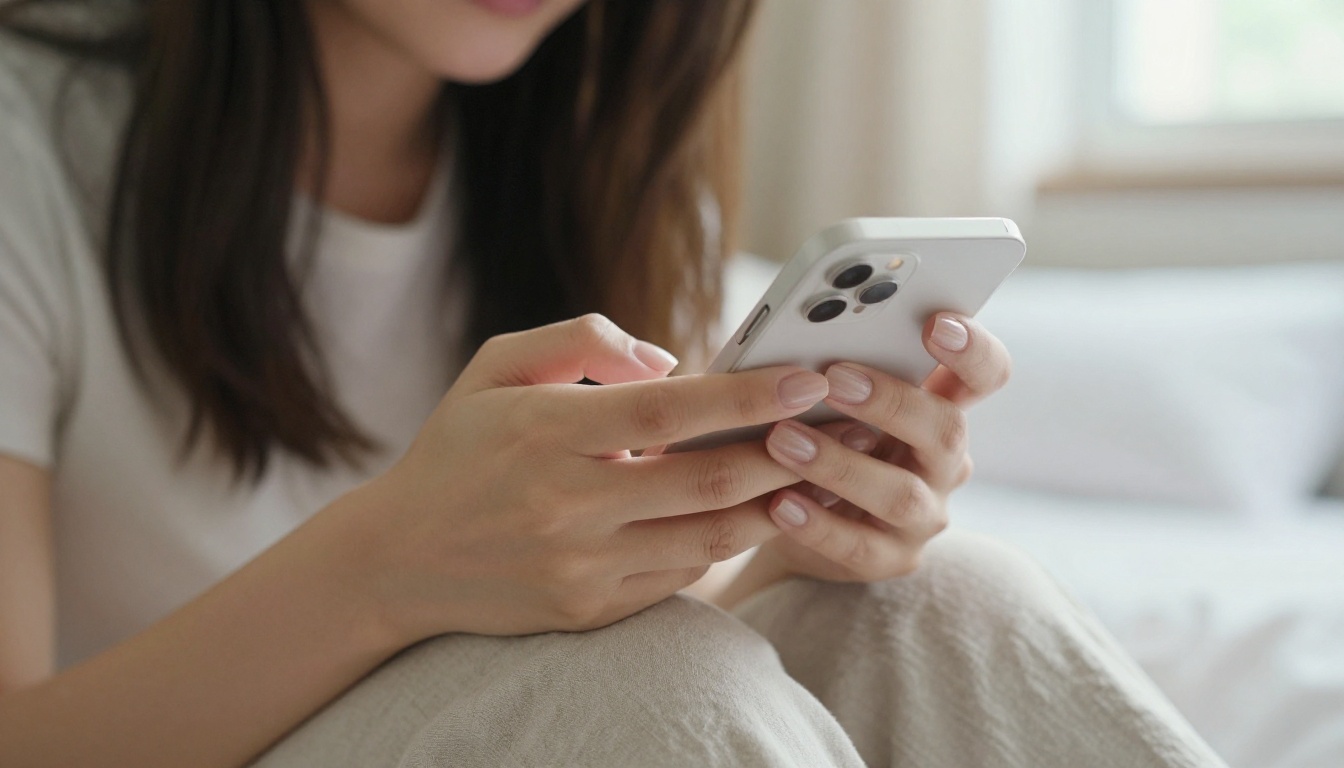 Woman sitting comfortably engaging with an AI companion app on her smartphone, warm morning light, natural and intimate atmosphere