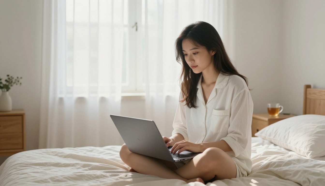 Young woman cross-legged on her bed with laptop, browsing an AI companion chat interface in comfortable morning light