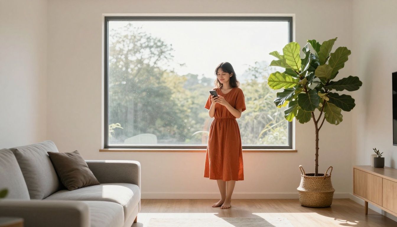 Young woman standing by a floor-to-ceiling window in a rust-orange dress, peaceful and in control, afternoon sunlight behind her