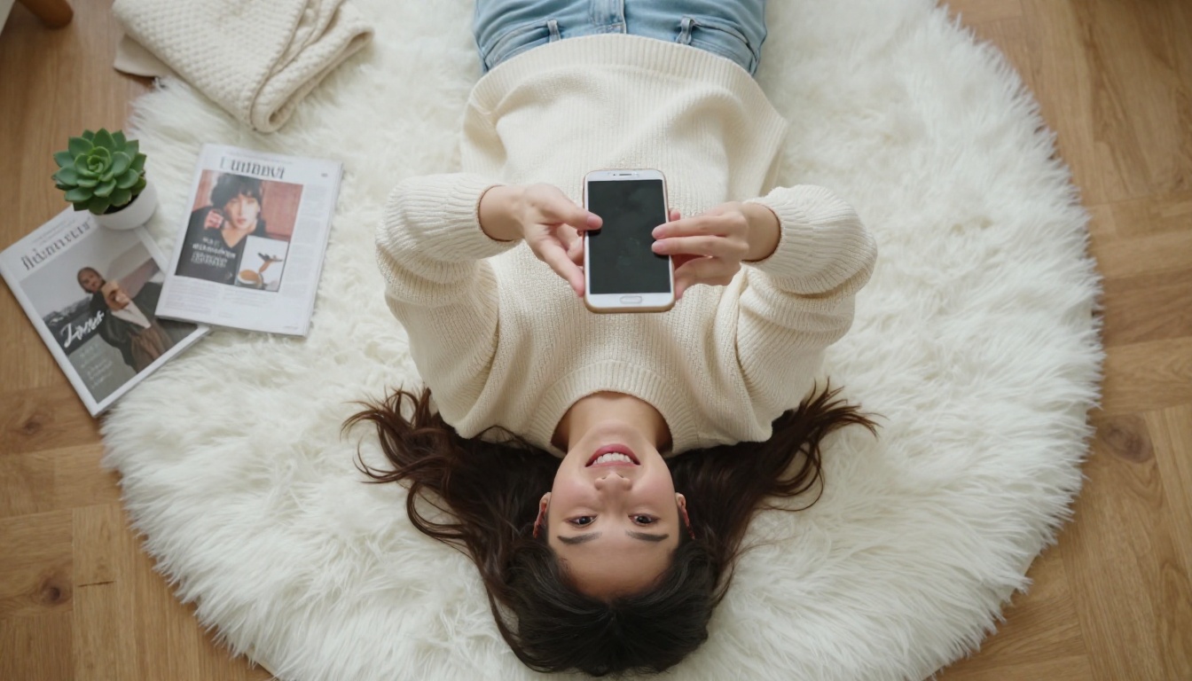 Aerial overhead view of a woman lying on a white fluffy rug, holding her phone up playfully, light and comfortable energy