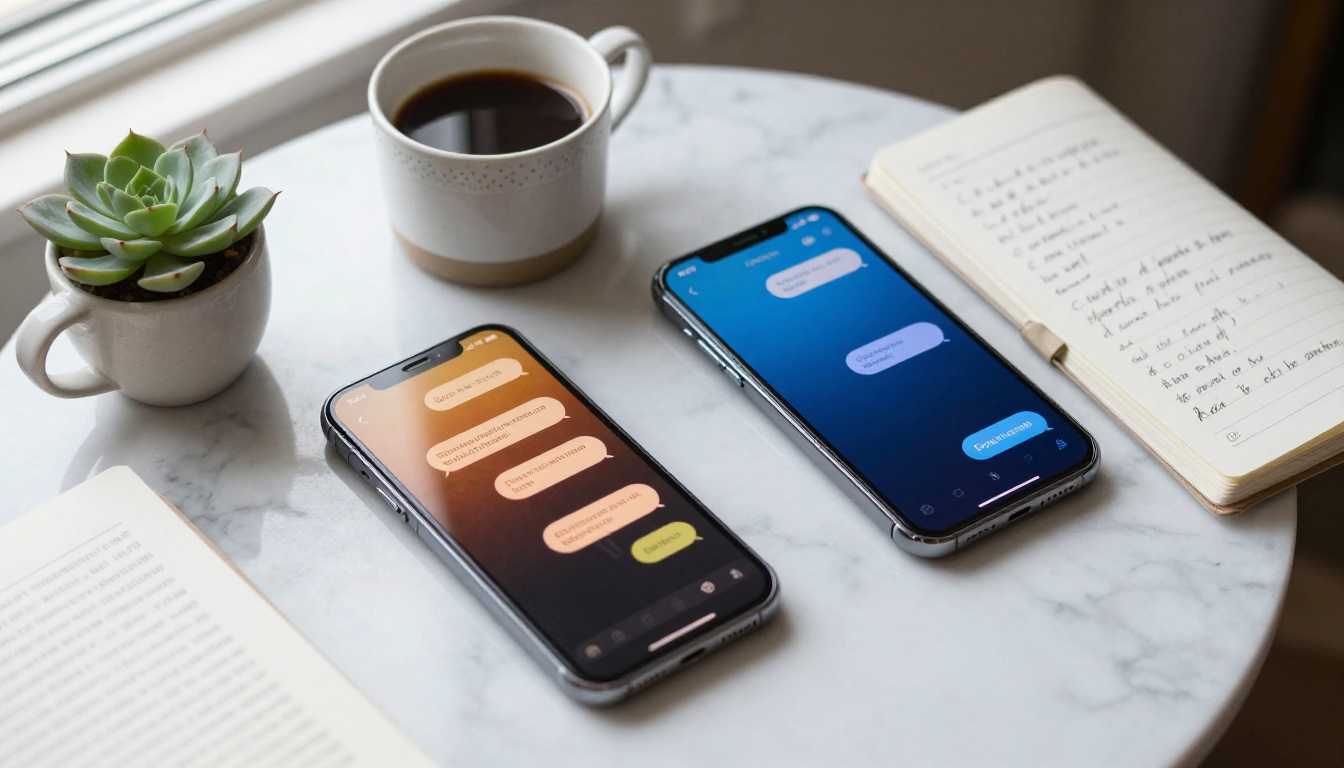Two smartphones on a white marble table showing warm chat conversations, surrounded by a coffee cup and open journal
